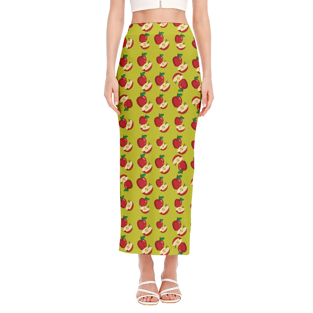 Red Apple Fruit Pattern Print Side Slit Maxi Skirt