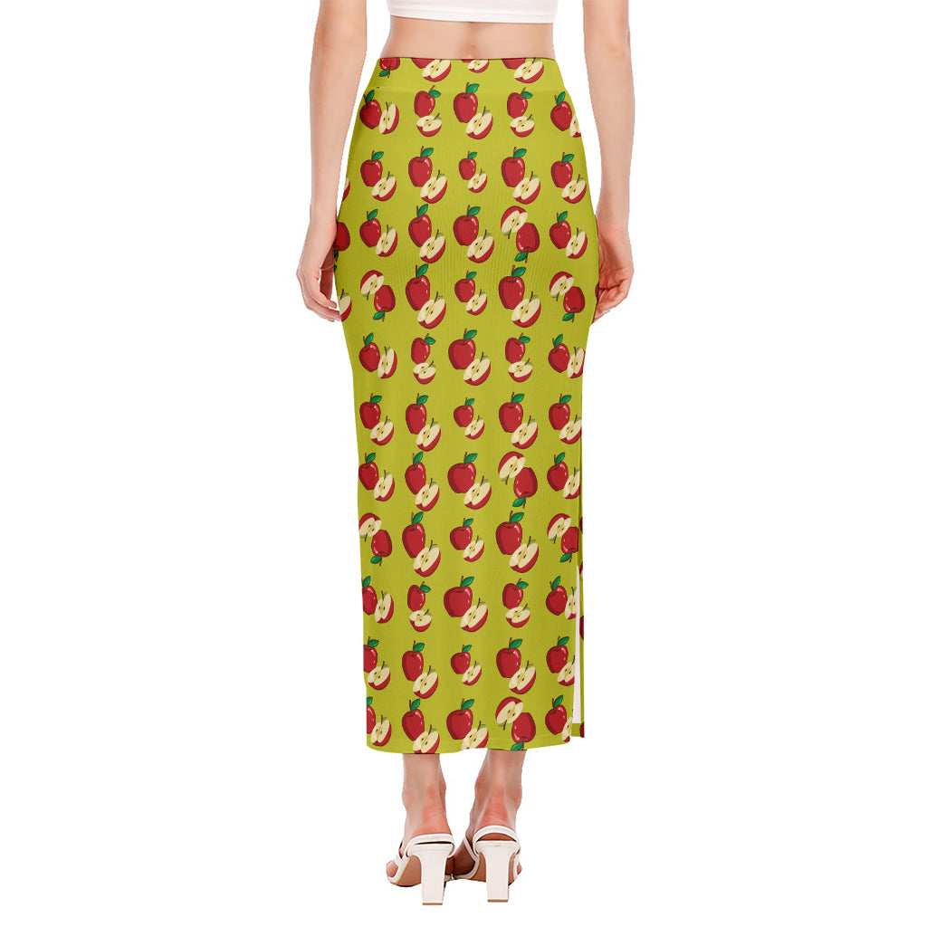 Red Apple Fruit Pattern Print Side Slit Maxi Skirt
