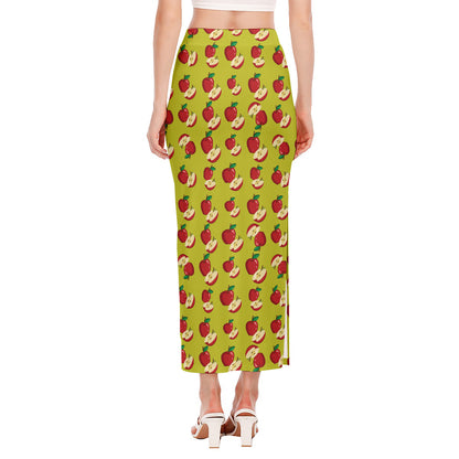 Red Apple Fruit Pattern Print Side Slit Maxi Skirt