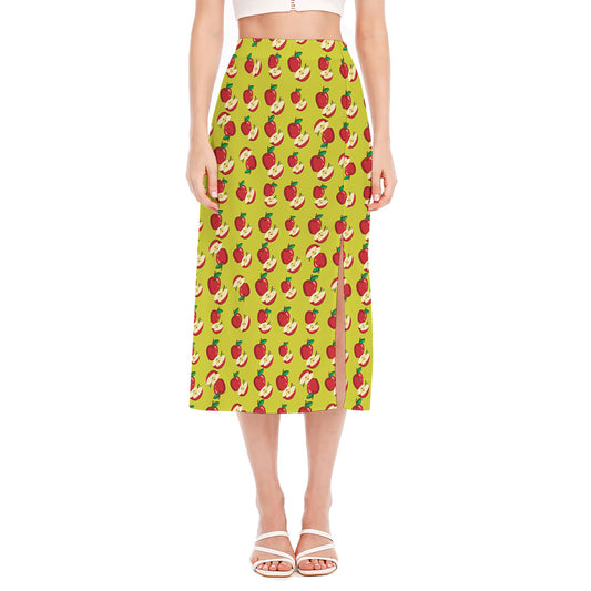 Red Apple Fruit Pattern Print Side Slit Midi Skirt