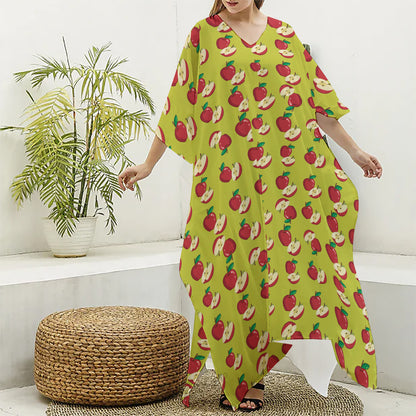 Red Apple Fruit Pattern Print Silk V-Neck Kaftan Dress