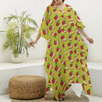 Red Apple Fruit Pattern Print Silk V-Neck Kaftan Dress