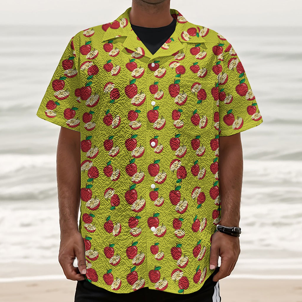 Red Apple Fruit Pattern Print Textured Short Sleeve Shirt