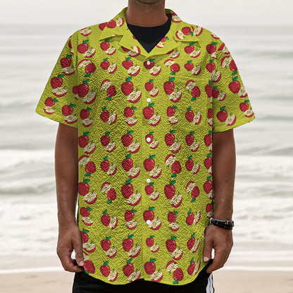 Red Apple Fruit Pattern Print Textured Short Sleeve Shirt