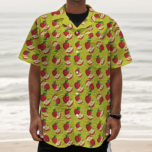 Red Apple Fruit Pattern Print Textured Short Sleeve Shirt
