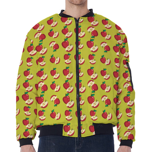 Red Apple Fruit Pattern Print Zip Sleeve Bomber Jacket