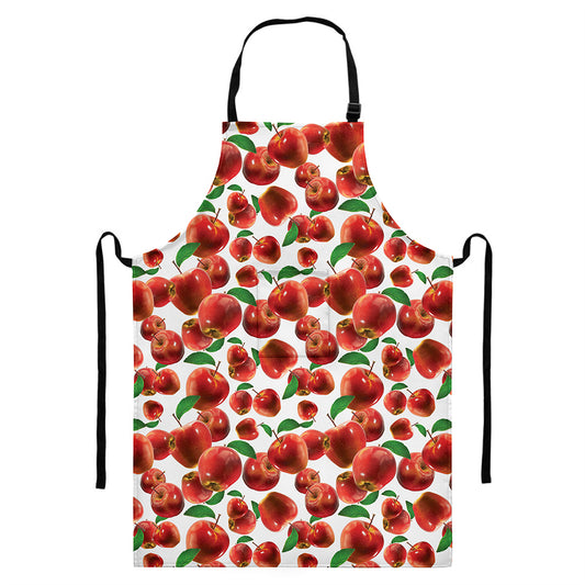 Red Apple Pattern Print Bib Apron With Pocket