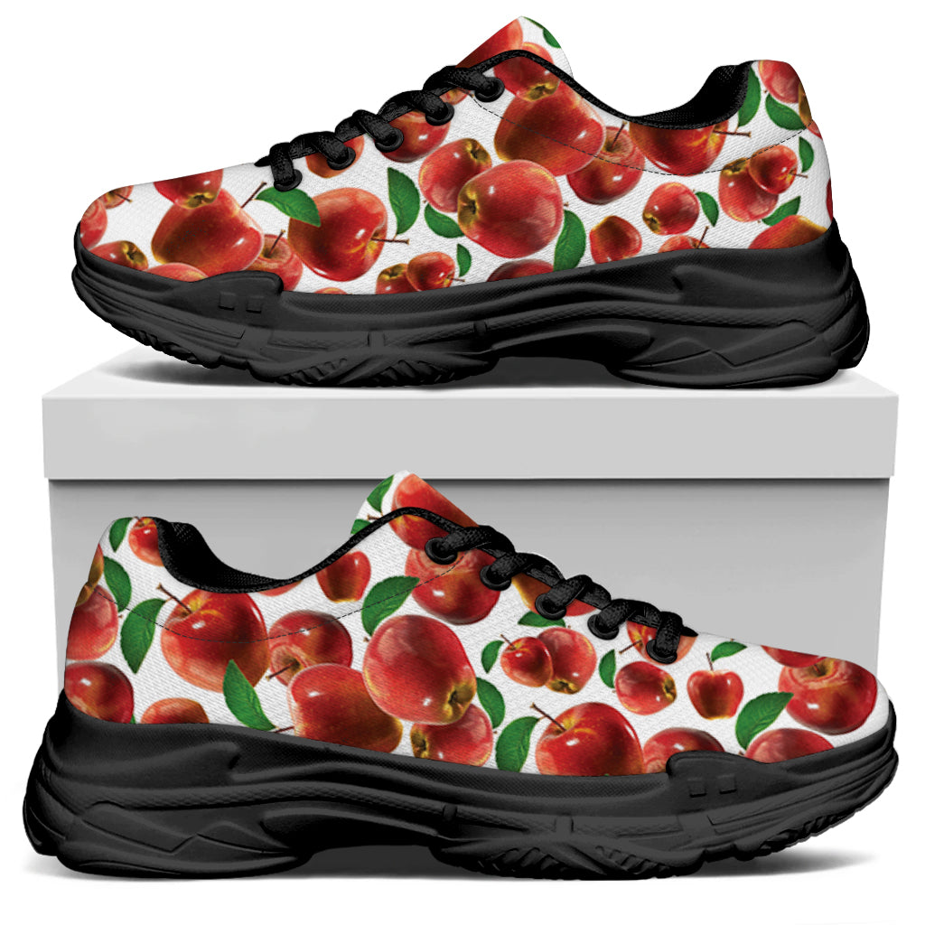 Red Apple Pattern Print Black Chunky Shoes
