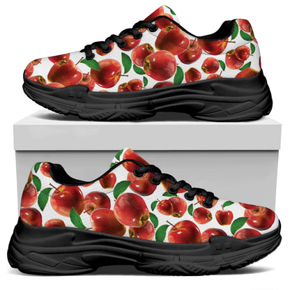 Red Apple Pattern Print Black Chunky Shoes