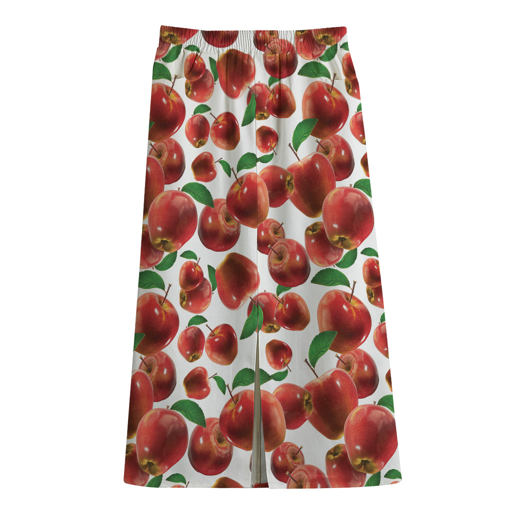 Red Apple Pattern Print Cotton Front Slit Maxi Skirt