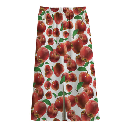 Red Apple Pattern Print Cotton Front Slit Maxi Skirt