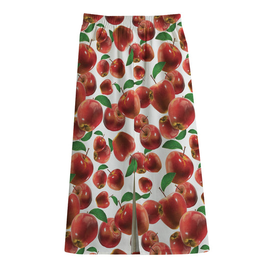 Red Apple Pattern Print Cotton Front Slit Maxi Skirt