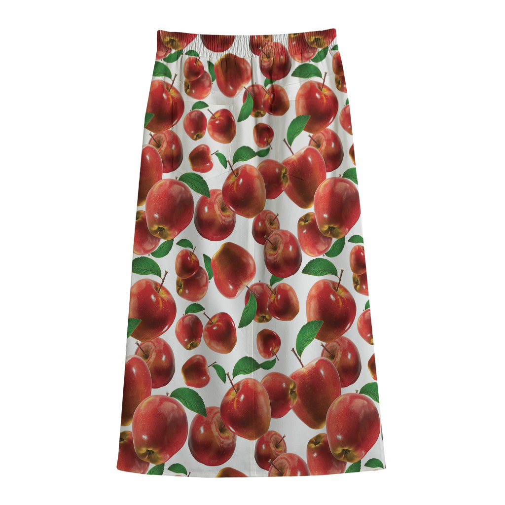 Red Apple Pattern Print Cotton Front Slit Maxi Skirt