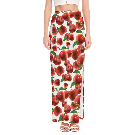 Red Apple Pattern Print High Slit Maxi Skirt