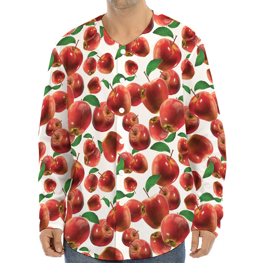 Red Apple Pattern Print Long Sleeve Baseball Jersey