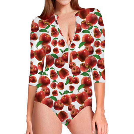 Red Apple Pattern Print Long Sleeve Swimsuit