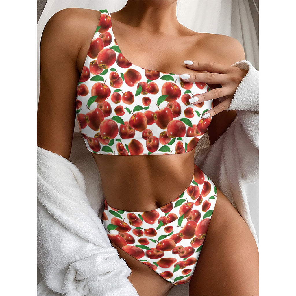 Red Apple Pattern Print One Shoulder Bikini Top