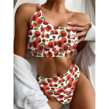 Red Apple Pattern Print One Shoulder Bikini Top