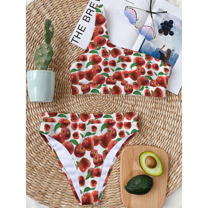 Red Apple Pattern Print One Shoulder Bikini Top