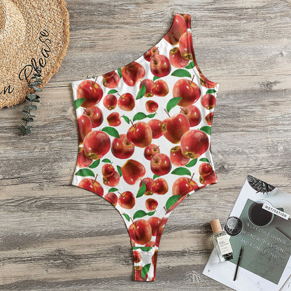 Red Apple Pattern Print One Shoulder Bodysuit