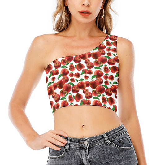 Red Apple Pattern Print One Shoulder Crop Top
