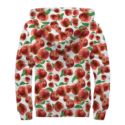 Red Apple Pattern Print Sherpa Lined Zip Up Hoodie