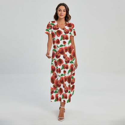Red Apple Pattern Print Short Sleeve Maxi Dress