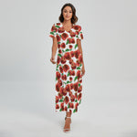 Red Apple Pattern Print Short Sleeve Maxi Dress