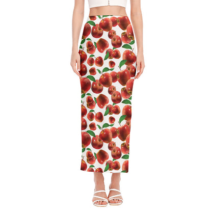 Red Apple Pattern Print Side Slit Maxi Skirt