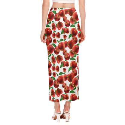 Red Apple Pattern Print Side Slit Maxi Skirt