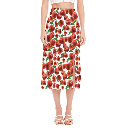 Red Apple Pattern Print Side Slit Midi Skirt