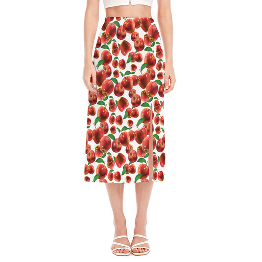 Red Apple Pattern Print Side Slit Midi Skirt