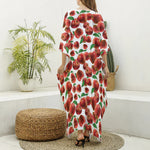 Red Apple Pattern Print Silk V-Neck Kaftan Dress