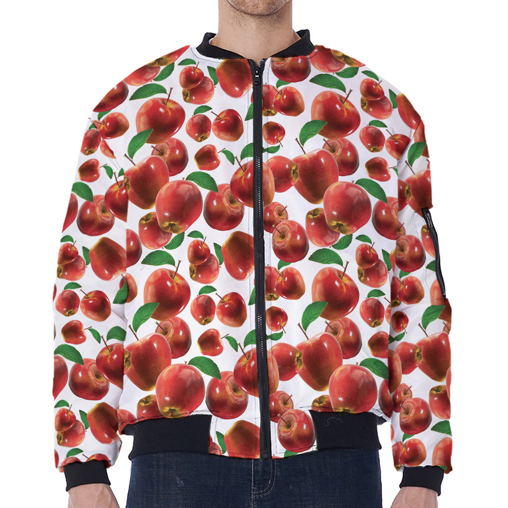 Red Apple Pattern Print Zip Sleeve Bomber Jacket