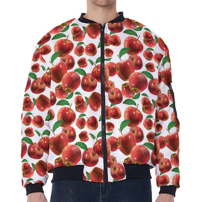 Red Apple Pattern Print Zip Sleeve Bomber Jacket