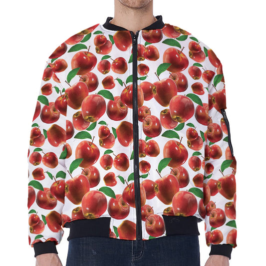 Red Apple Pattern Print Zip Sleeve Bomber Jacket