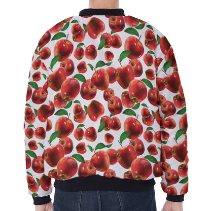 Red Apple Pattern Print Zip Sleeve Bomber Jacket