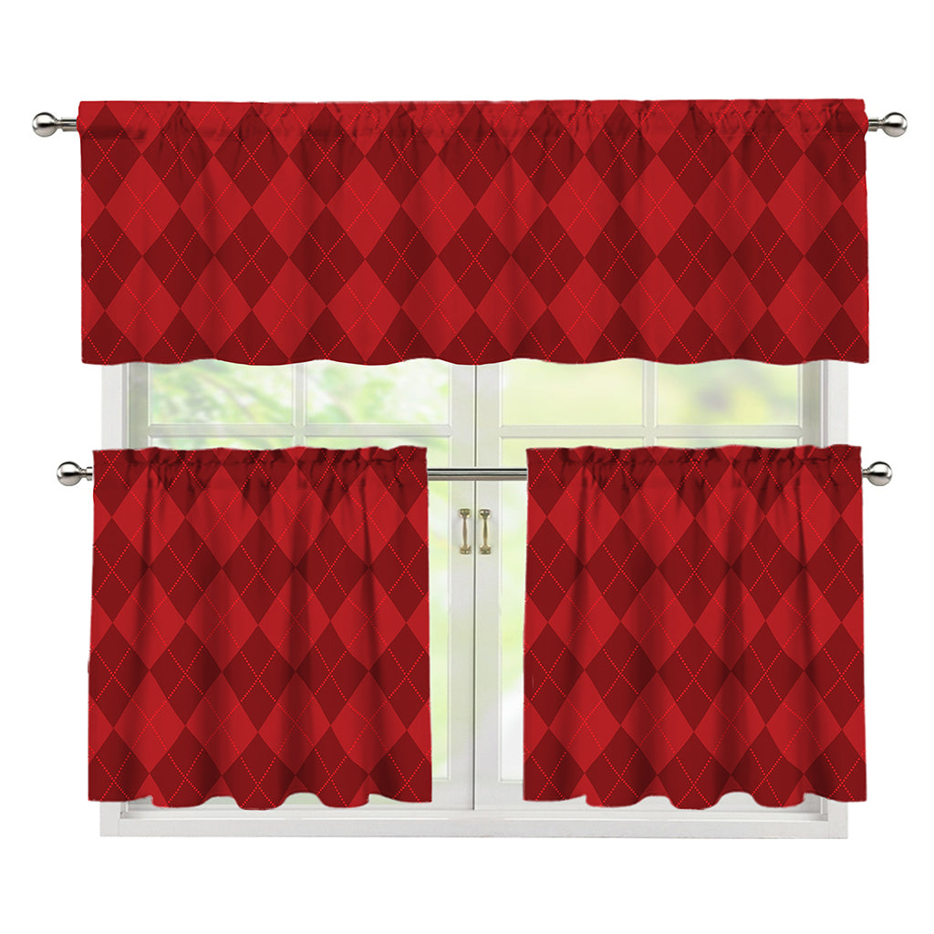 Red Argyle Pattern Print 3 Piece Kitchen Curtains