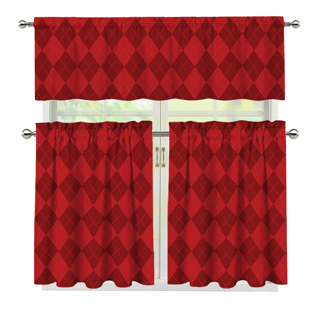Red Argyle Pattern Print 3 Piece Kitchen Curtains