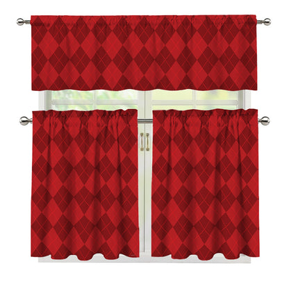 Red Argyle Pattern Print 3 Piece Kitchen Curtains