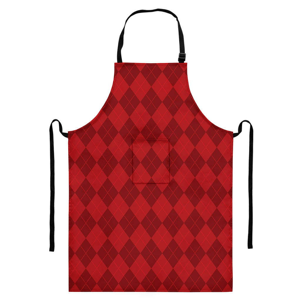 Red Argyle Pattern Print Bib Apron With Pocket