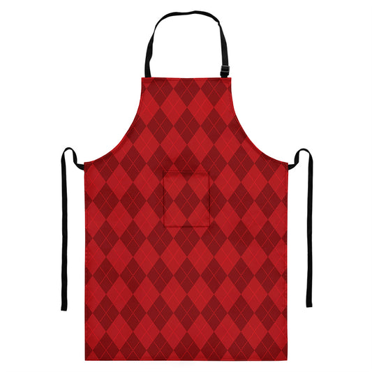 Red Argyle Pattern Print Bib Apron With Pocket