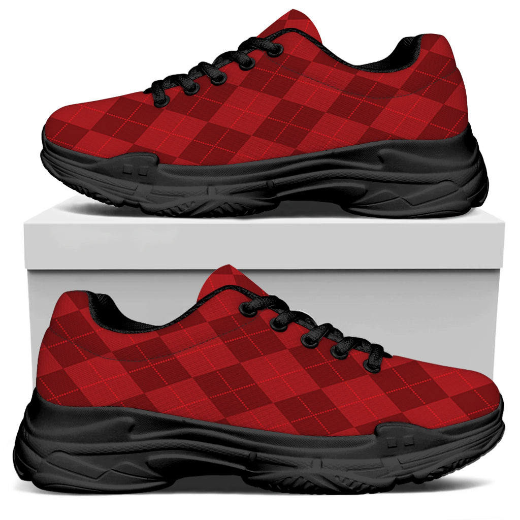 Red Argyle Pattern Print Black Chunky Shoes