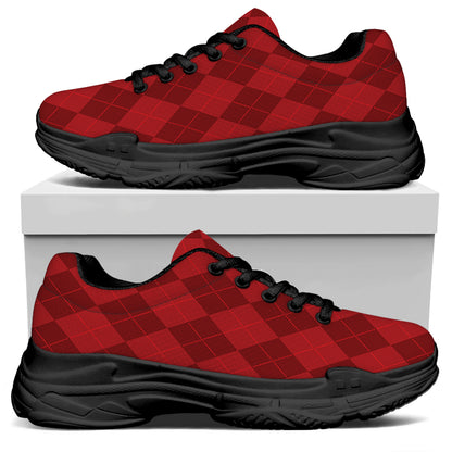 Red Argyle Pattern Print Black Chunky Shoes