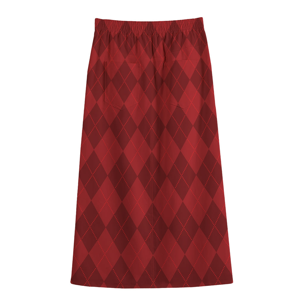 Red Argyle Pattern Print Cotton Front Slit Maxi Skirt