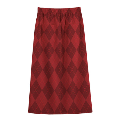 Red Argyle Pattern Print Cotton Front Slit Maxi Skirt