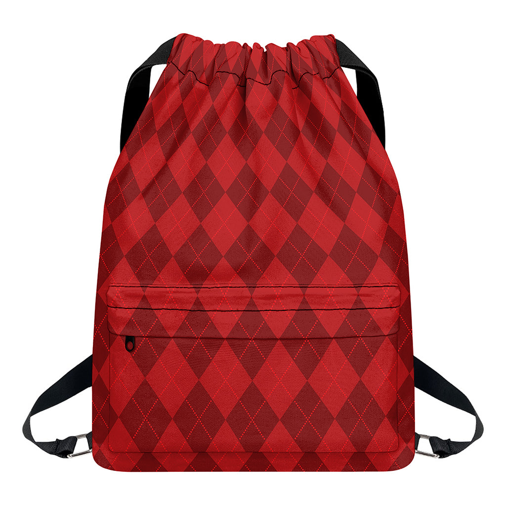 Red Argyle Pattern Print Drawstring Backpack