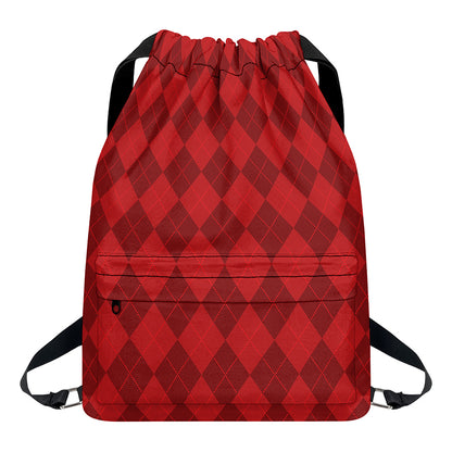 Red Argyle Pattern Print Drawstring Backpack