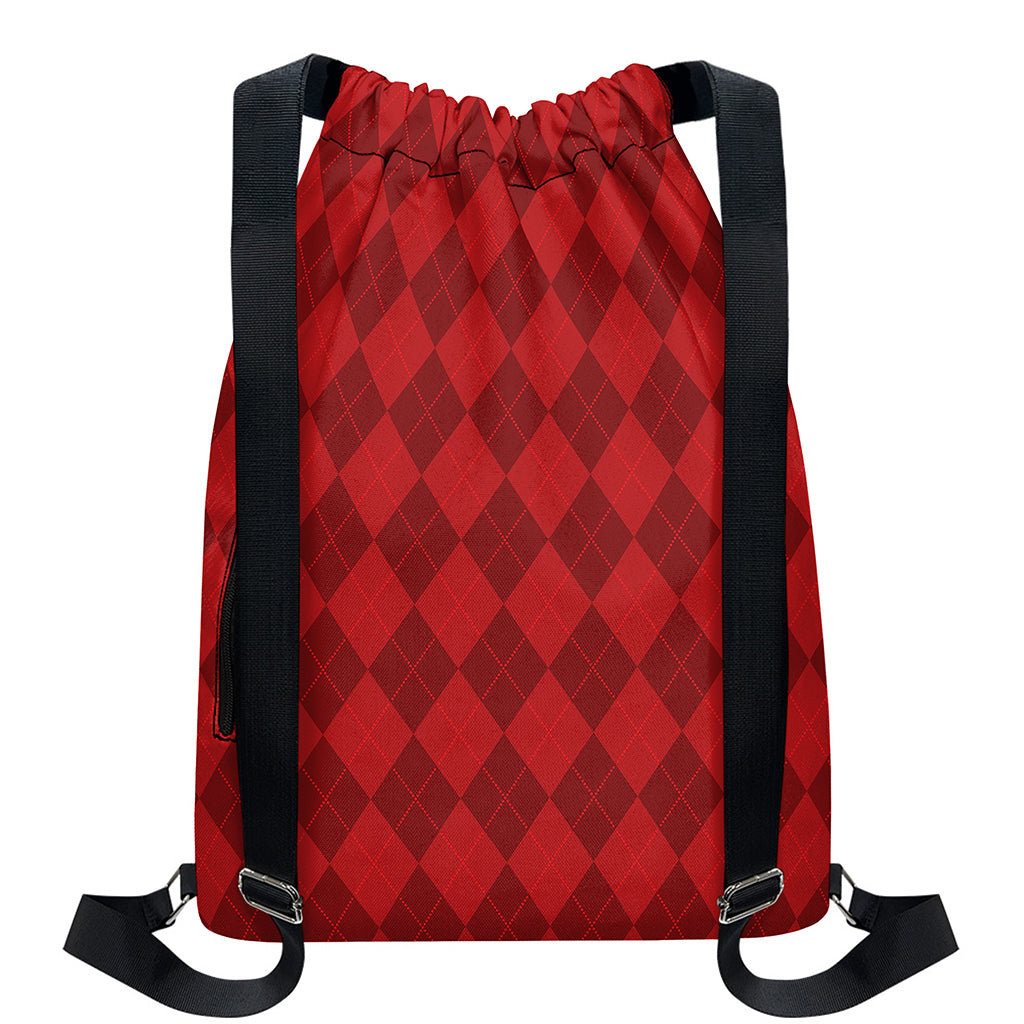 Red Argyle Pattern Print Drawstring Backpack