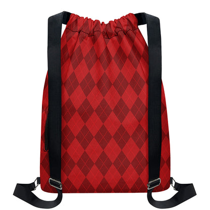Red Argyle Pattern Print Drawstring Backpack